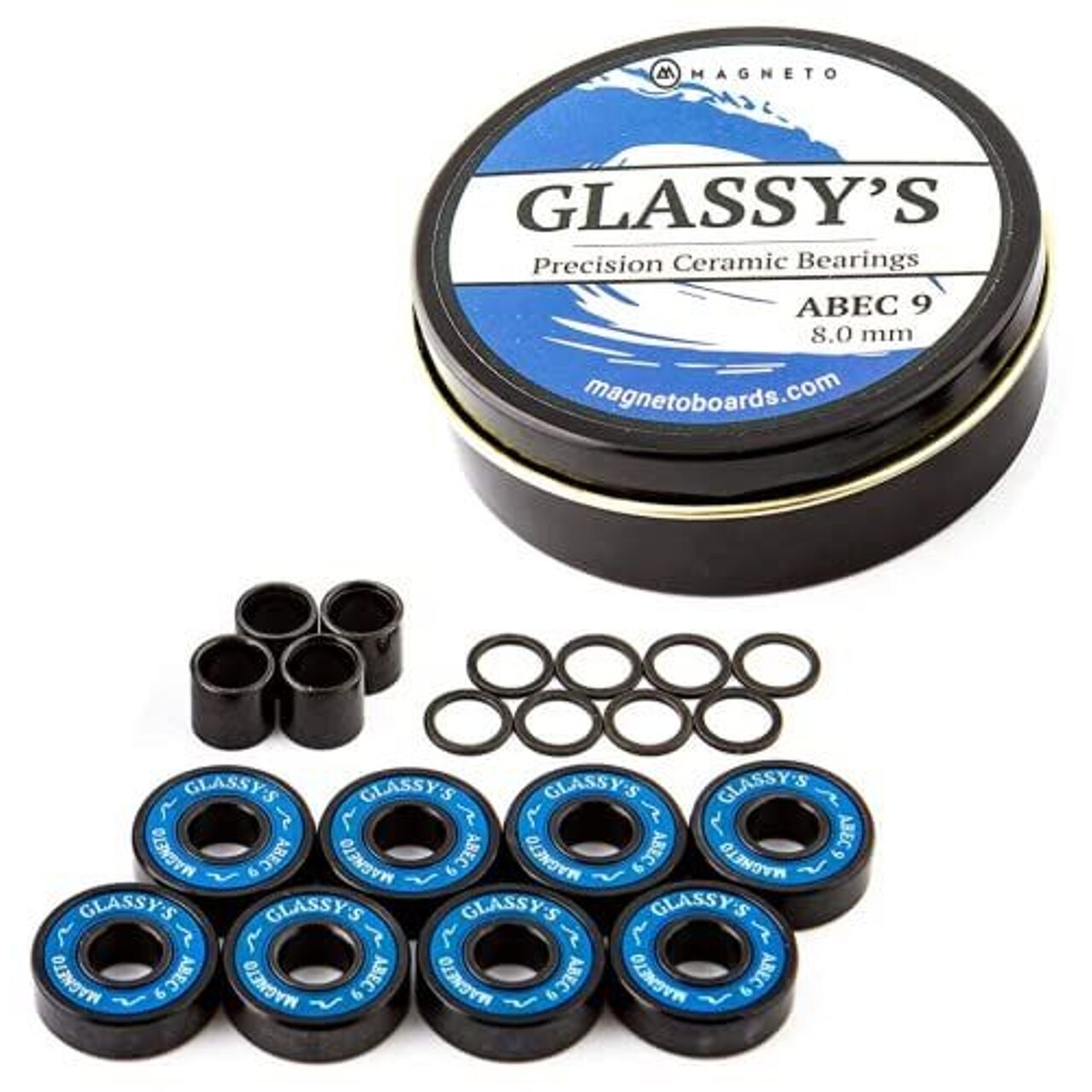 Magneto Ceramic Skateboard Bearings - 8 Pack, ABEC 9 Ceramic Bearing - Black, Washers & Spacers - High Speed Skate & Longboard Bearing Performance - Includes Black Skateboard Sticker Pack